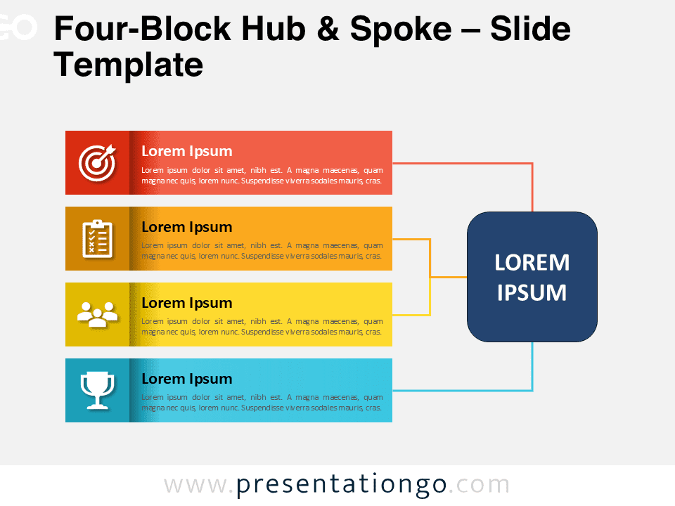 Preview of the Four-Block Hub & Spoke diagram template for PowerPoint with four horizontal blocks linked to a central square hub.