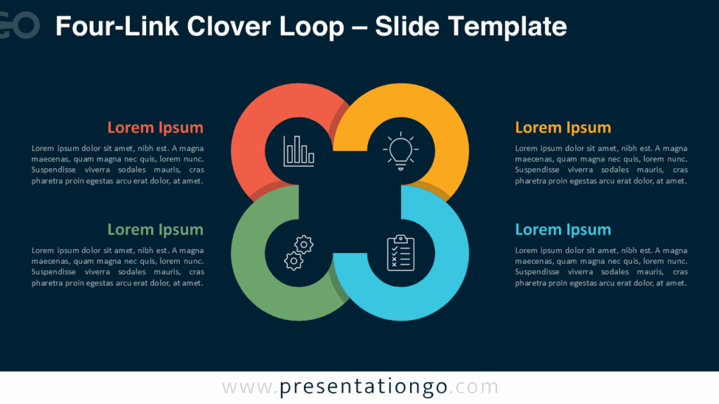 Four-Link Clover Loop – Dark Background for PowerPoint & Google Slides Free Four-Link Clover Loop PowerPoint and Google Slides template with four color-coded square loops on a dark background, showing central convergence and editable icon placeholders.