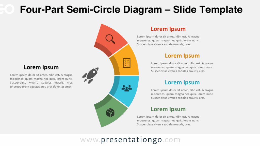 Free Four-Part Semi-Circle Diagram PowerPoint template with a light background for Google Slides, displaying icons in 4 outer segments and center circle.