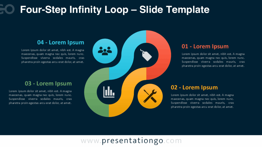 Four-Step Infinity Loop – Dark BG for PowerPoint & Google Slides Free Four-Step Infinity Loop PowerPoint and Google Slides template on a dark bg, featuring a continuous loop with four icons and text areas.
