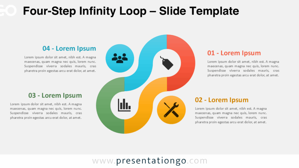 Free Four-Step Infinity Loop PowerPoint template with a light bg for Google Slides, showing four curved segments with icons and text blocks.