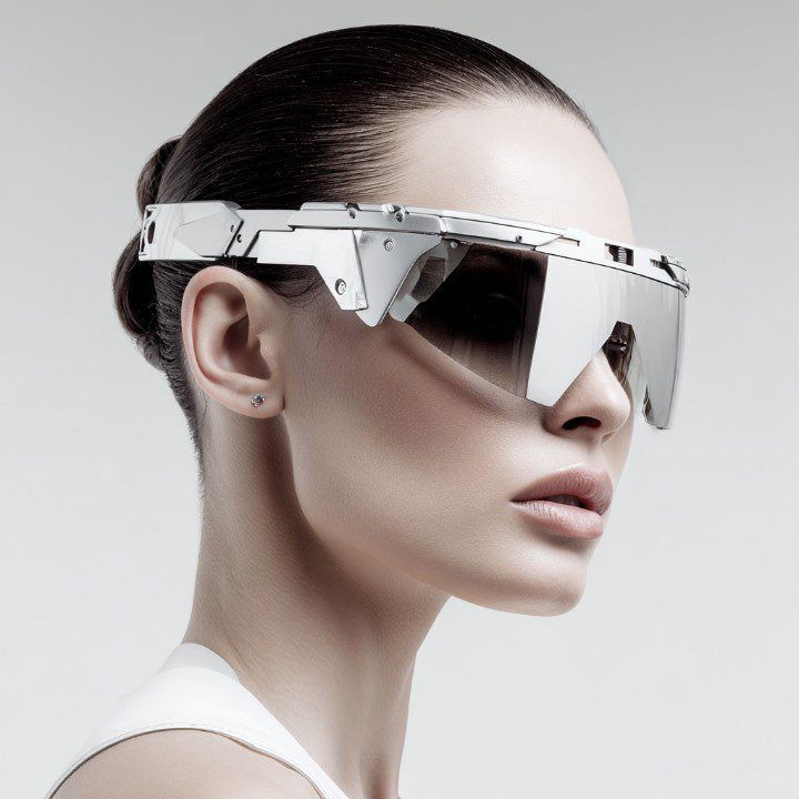 Portrait of a futuristic fashion model wearing metallic architectural visor sunglasses.