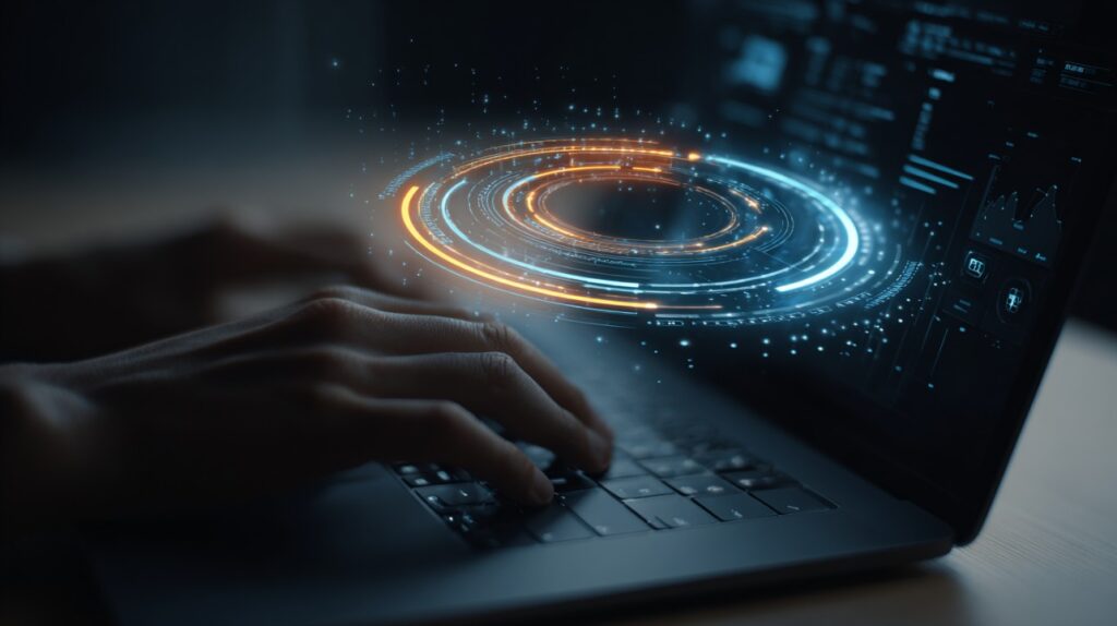 Close-up of hands typing on a laptop with a glowing radial holographic interface, symbolizing advanced technology and cybersecurity.