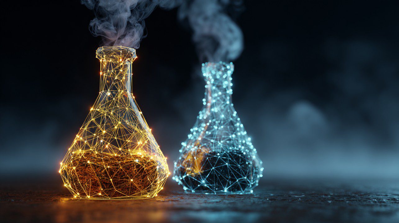 Cinematic digital illustration of two futuristic laboratory flasks, one orange and one blue, made of glowing network lines and emitting vapor.