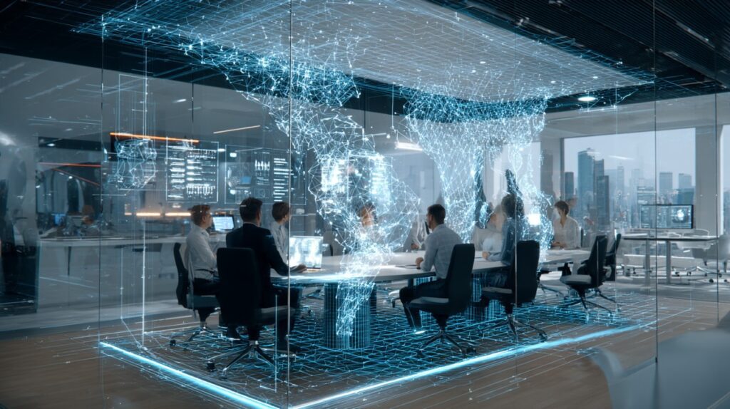Professionals in a futuristic office meeting room with a holographic digital world map.