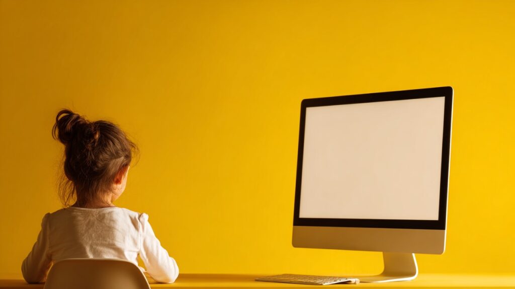 A young girl with brown hair in a bun sits at a minimalist desk using a desktop computer with a blank screen against a bright yellow background.