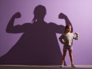 Young girl flexing her muscles with a superhero shadow behind her on a purple wall.