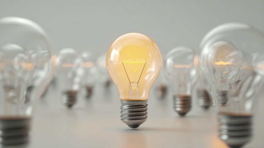 A single lit light bulb among several unlit bulbs representing innovation and creativity.