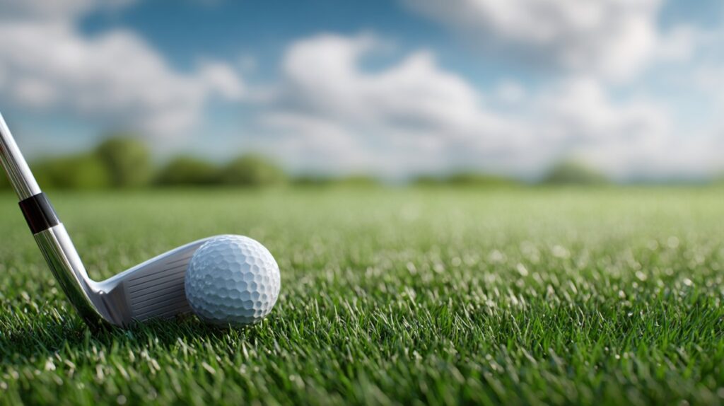 Close-up of a golf club and ball on a green lawn under a blue sky.