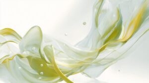 Gouache-style abstract painting with flowing yellow and green brush strokes over white background.