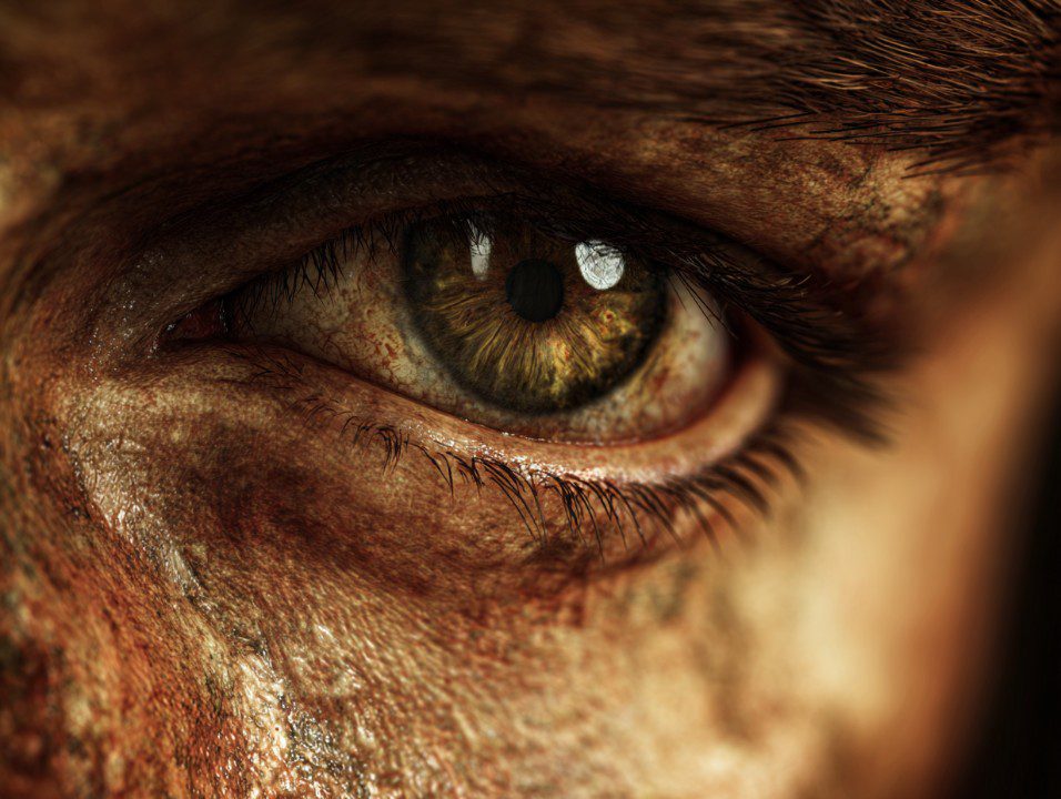 Extreme close-up of a human eye with gritty textures and earthy tones.
