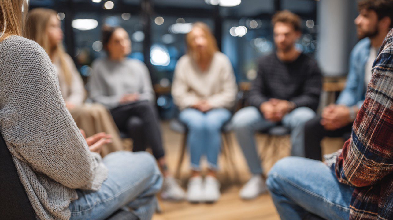 People participating in a group psychotherapy session, sitting in a circle indoors.