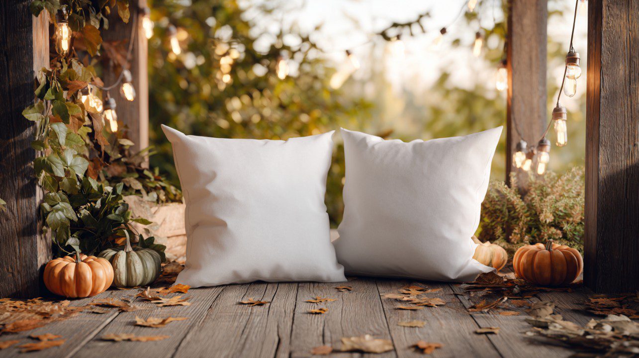Two blank white square throw pillows on a rustic wooden porch surrounded by pumpkins, string lights, and autumn leaves.
