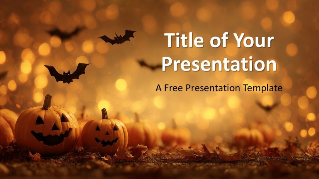 Halloween Night Lights Cover Slide for PowerPoint & Google Slides Halloween cover slide with glowing jack-o’-lanterns, bats, and golden bokeh lighting, perfect for festive presentation intros.