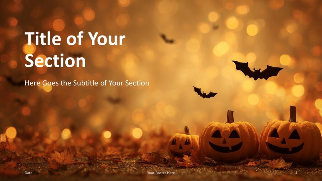 Halloween Night Lights Section Slide Option 1 for PowerPoint & Google Slides Left-aligned section divider slide with bold titles and Halloween visuals, ideal for topic transitions in presentations.