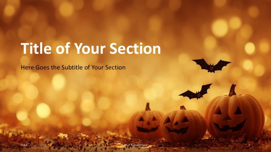 Halloween Night Lights Section Slide Option 2 for PowerPoint & Google Slides Right-aligned section divider featuring pumpkins and bats with a glowing background for Halloween-themed slide transitions.