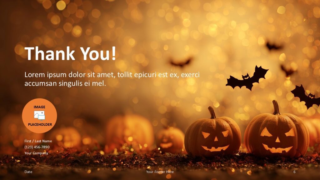 Halloween Night Lights Thank You Slide Template for PowerPoint & Google Slides Thank you slide with festive visuals, message area, and image placeholder for final remarks in Halloween presentations.
