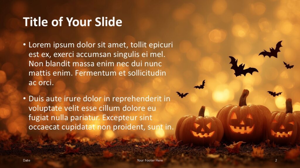 Halloween Night Lights Title and Content Slide Option 1 for PowerPoint & Google Slides Left-aligned content slide with pumpkins and bats on a warm golden background for themed Halloween presentations.