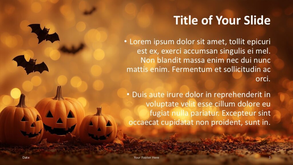 Halloween Night Lights Title and Content Slide Option 2 for PowerPoint & Google Slides Right-aligned title and content layout with festive Halloween graphics and glowing lights for seasonal presentations.