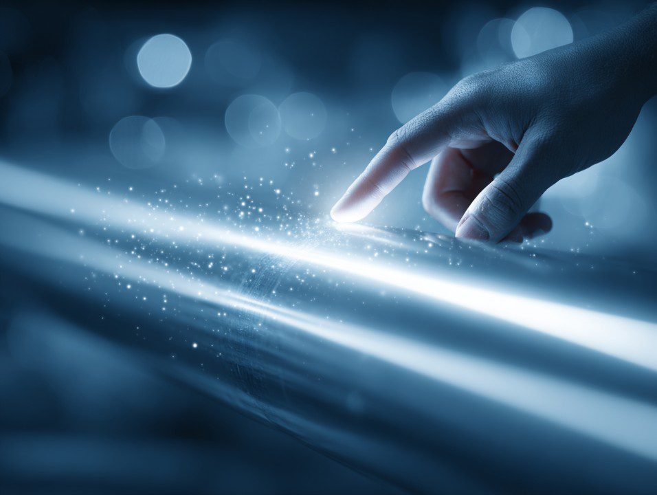 Close-up of a human hand touching a glowing silver cylinder with sparkling light particles on a blue background.