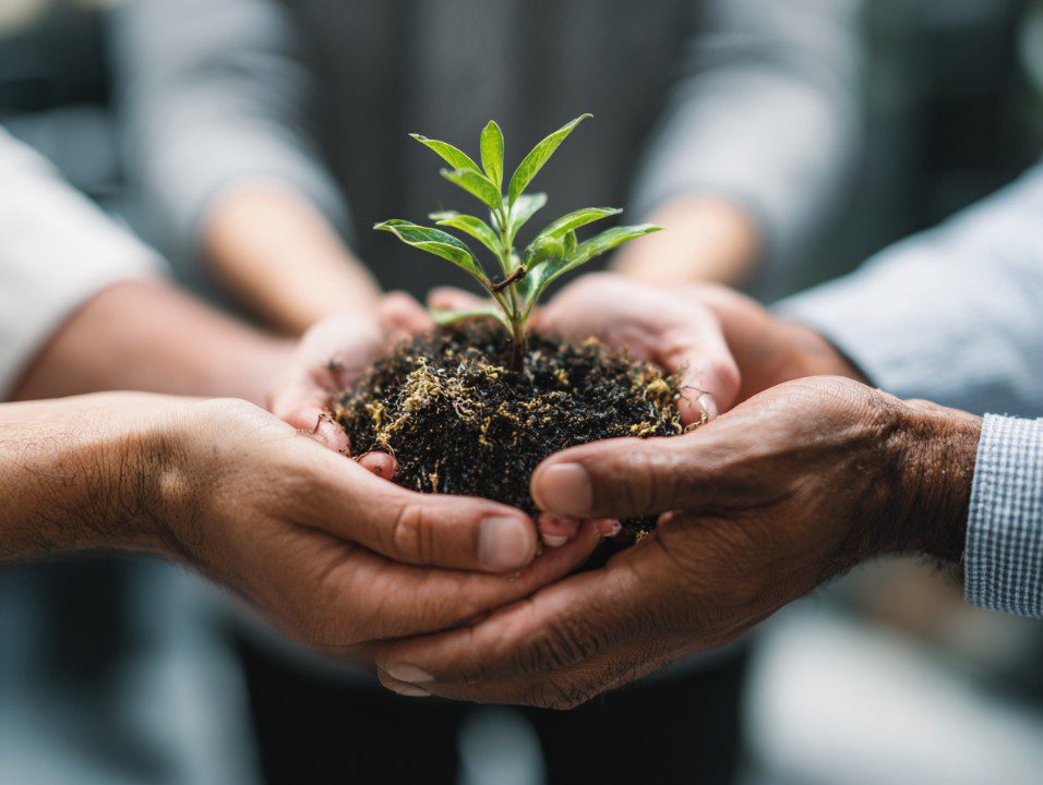Close-up of diverse hands holding a green seedling in soil, symbolizing growth and sustainability.