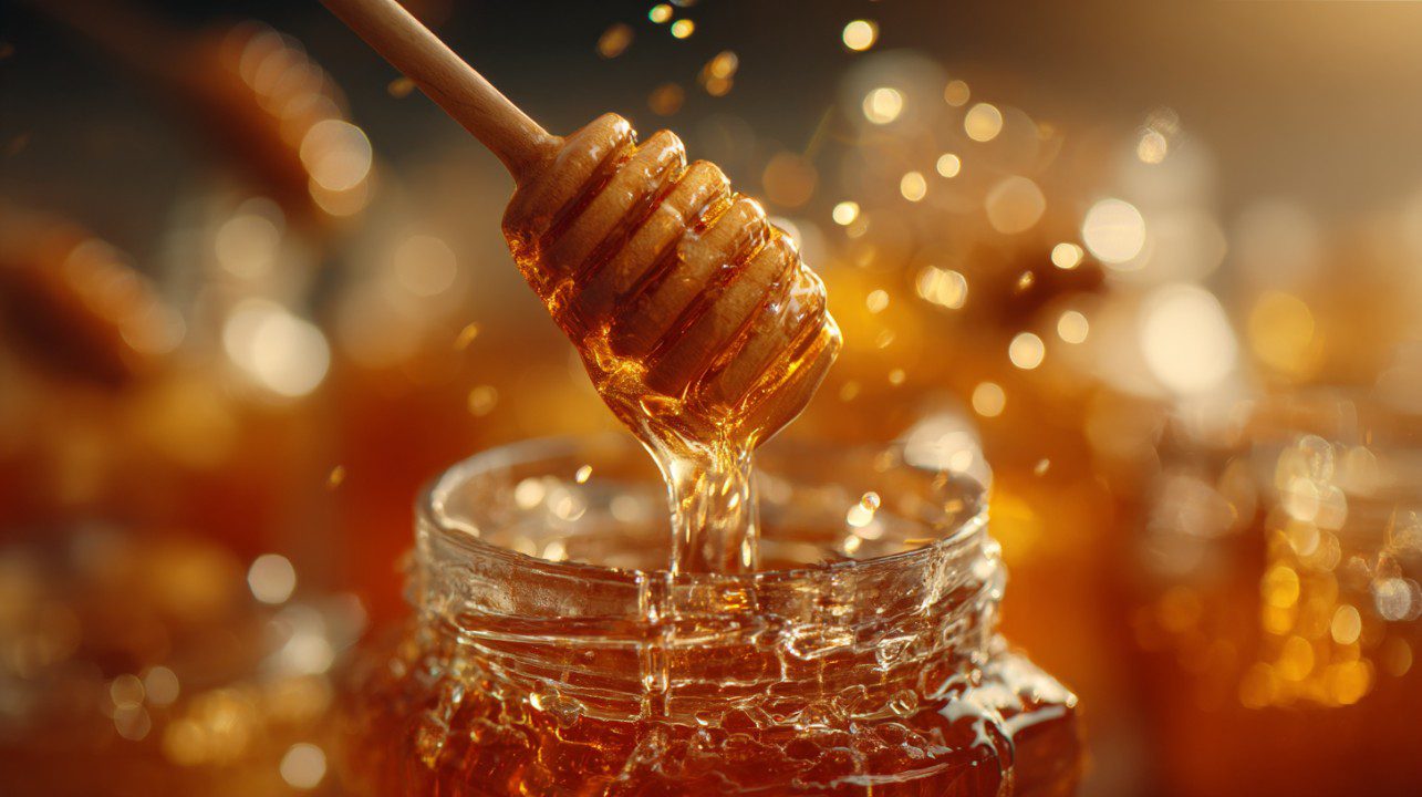 Golden honey dripping from a wooden dipper into a glass jar in warm sunlight.