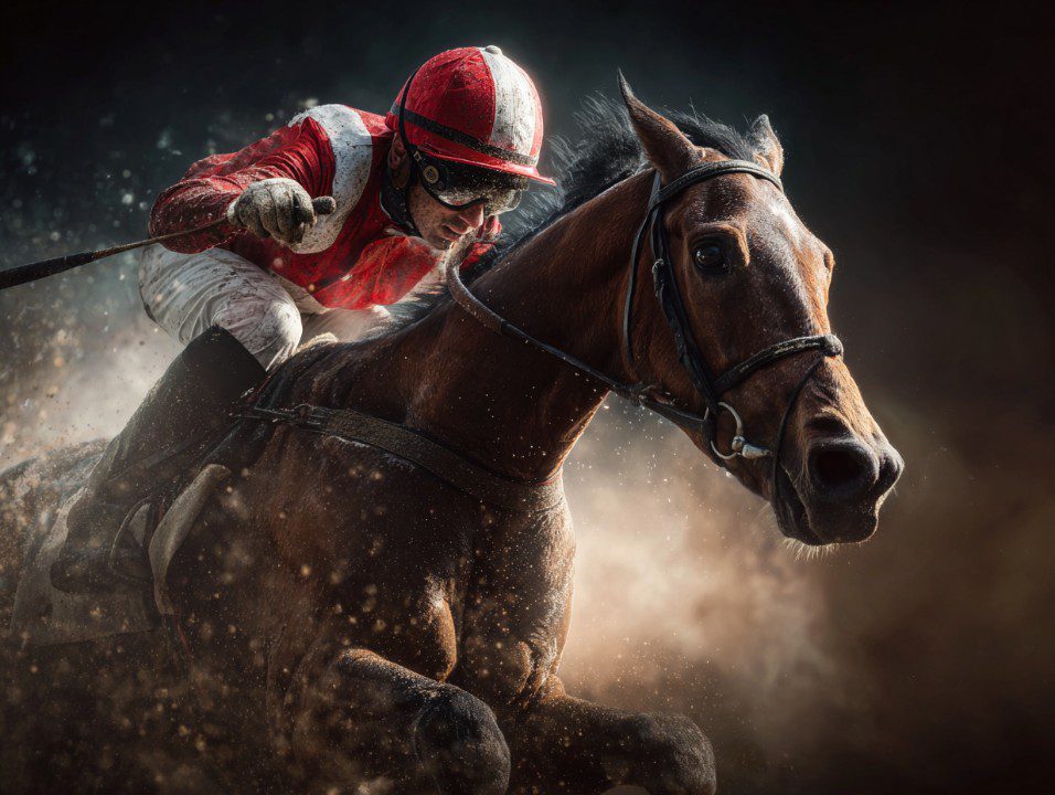 Action-packed shot of a jockey in red and white gear riding a galloping horse during a race, with dirt flying in the background.