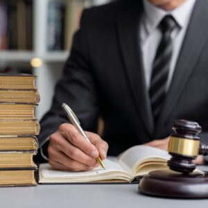 Lawyer in suit writing in a book beside a gavel and stacked law books.