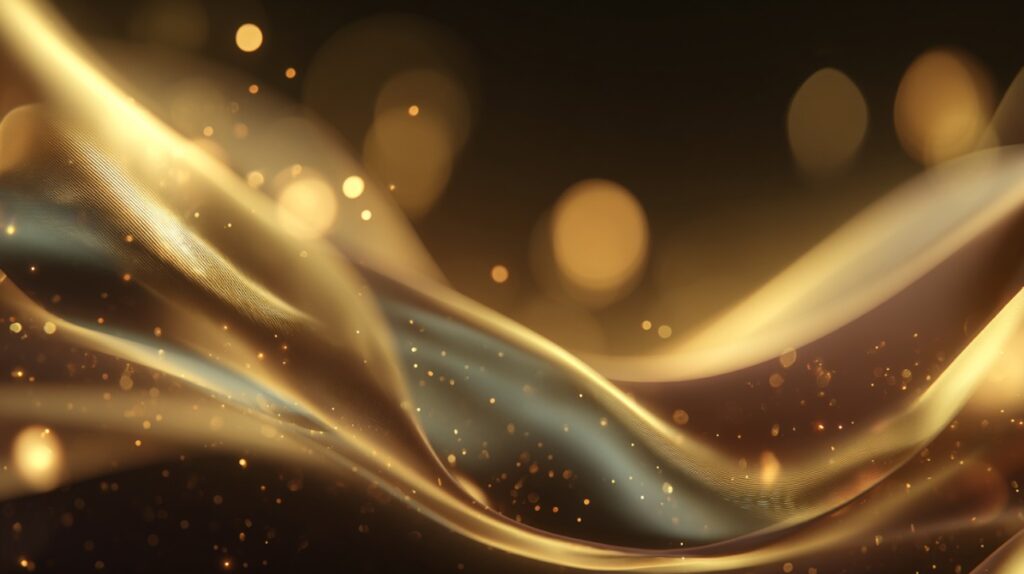 Abstract golden wave background with light bokeh and shimmering details.