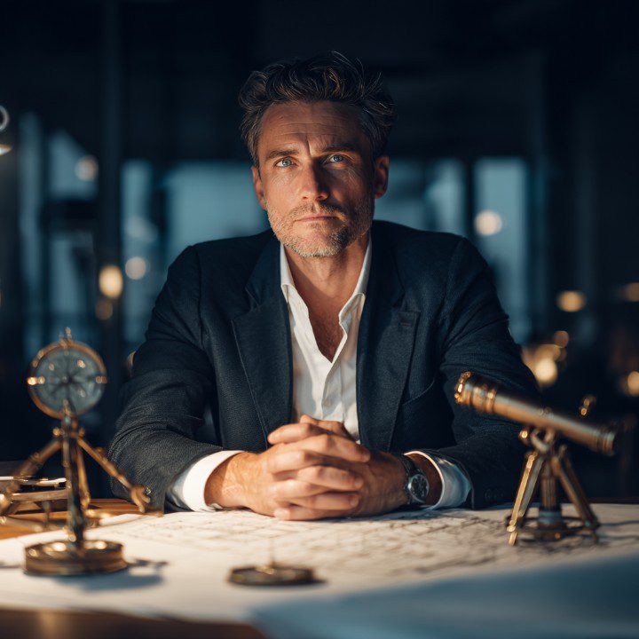 Portrait of a male executive in a suit seated at a desk with nautical instruments, looking directly at the camera.