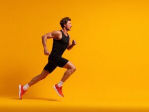Full-body photo of a male athlete running in black sportswear and red shoes against a bright orange background.