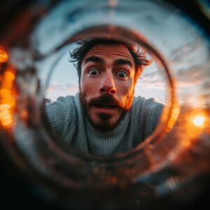 Surprised man looking into an empty wine bottle from an inside perspective.