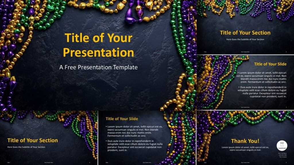Full widescreen preview of the Mardi Gras Template for PowerPoint and Google Slides showing six slides in a festive flat lay style.