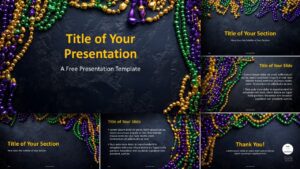 Full widescreen preview of the Mardi Gras Template for PowerPoint and Google Slides showing six slides in a festive flat lay style.