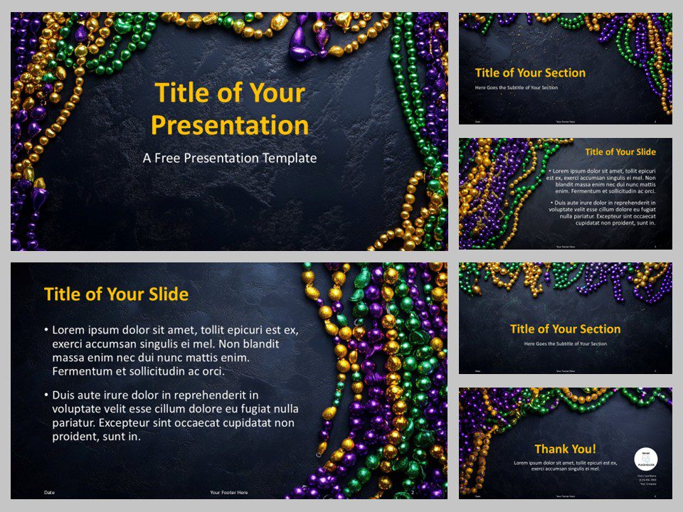 Mardi Gras Template for PowerPoint and Google Slides featuring all six slides with festive beads, dark background, and bold colors.