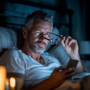 Mature man with gray hair and beard in bed at night using smartphone and adjusting glasses by candlelight.