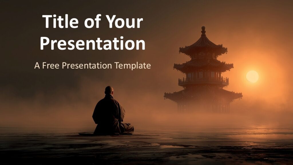 Meditation Journey Cover Slide for PowerPoint & Google Slides Cover slide with monk and pagoda at sunset, left-aligned title area, ideal for starting a calm, meditative PowerPoint or Google Slides presentation.