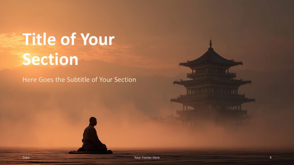 Meditation Journey Section Slide Option 1 for PowerPoint & Google Slides Slide with golden light scene, meditating monk, and large left-aligned section title, used to introduce new parts of a wellness presentation.