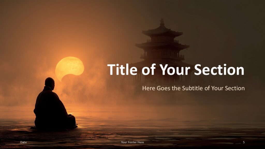 Meditation Journey Section Slide Option 2 for PowerPoint & Google Slides Section slide with glowing sun and centered text overlay, creating a dramatic visual pause for transitioning topics in PowerPoint or Google Slides.