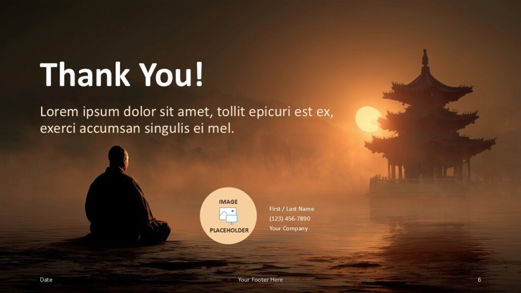 Meditation Journey Thank You Slide Template for PowerPoint & Google Slides Closing slide with monk background and thank you text on the left, includes space for contact info or final thoughts in presentations.