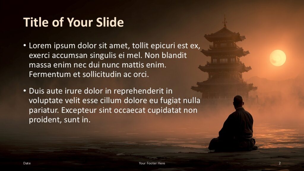 Meditation Journey Title and Content Slide Option 1 for PowerPoint & Google Slides Slide with dark gradient left panel for white text, monk and pagoda on right, designed for clear topic points in PowerPoint or Google Slides.