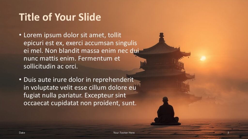 Meditation Journey Title and Content Slide Option 2 for PowerPoint & Google Slides Light gradient overlay with structured bullet text on the left and soft background imagery, ideal for alternate content flow in presentations.