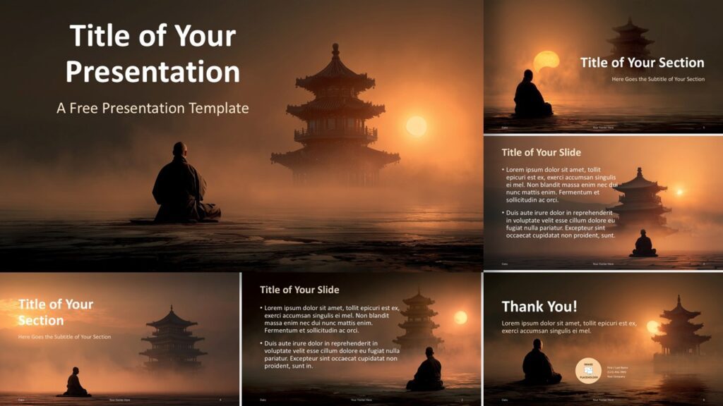 Widescreen view of the Meditation Journey Template for PowerPoint and Google Slides featuring meditative imagery and clear text layouts.