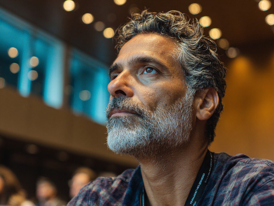 Cinematic close-up of a middle-aged man attentively listening during a conference, symbolizing focus and professional development.
