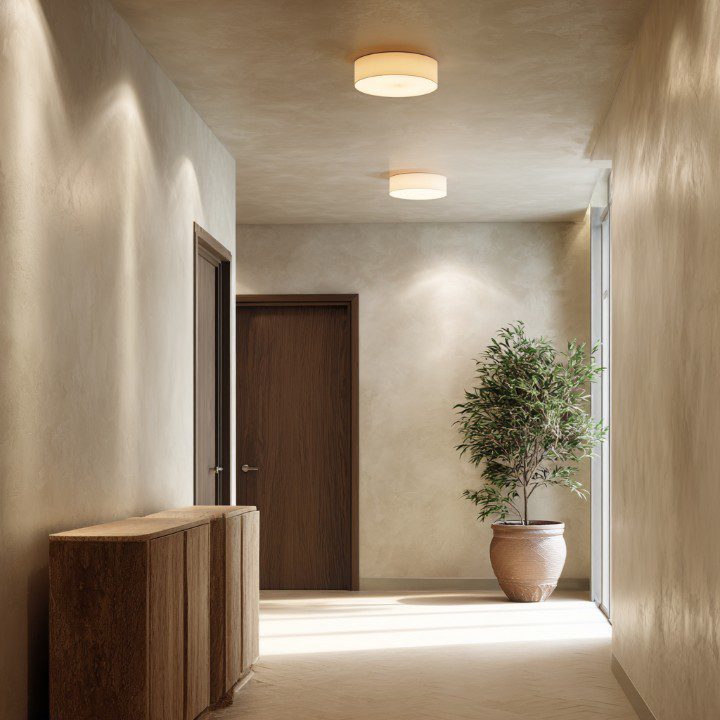 Modern minimalist indoor corridor with beige walls, warm ceiling lighting, wooden doors, and a potted plant near a large window.