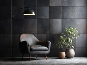 Modern black-tiled interior with a leather armchair, floor lamp, and potted plants.