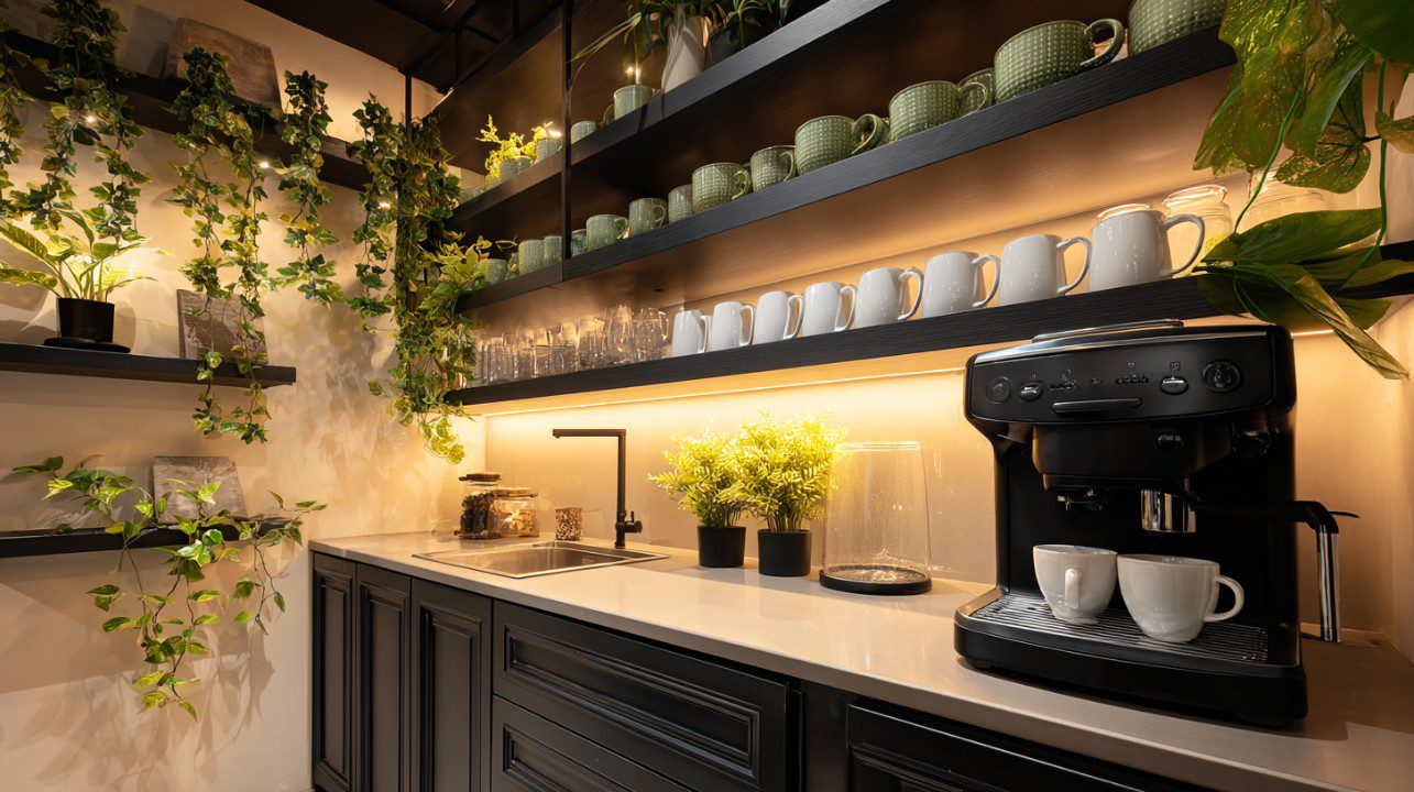 Modern home coffee bar with black espresso machine, white mugs on open shelves, warm lighting, and green indoor plants.