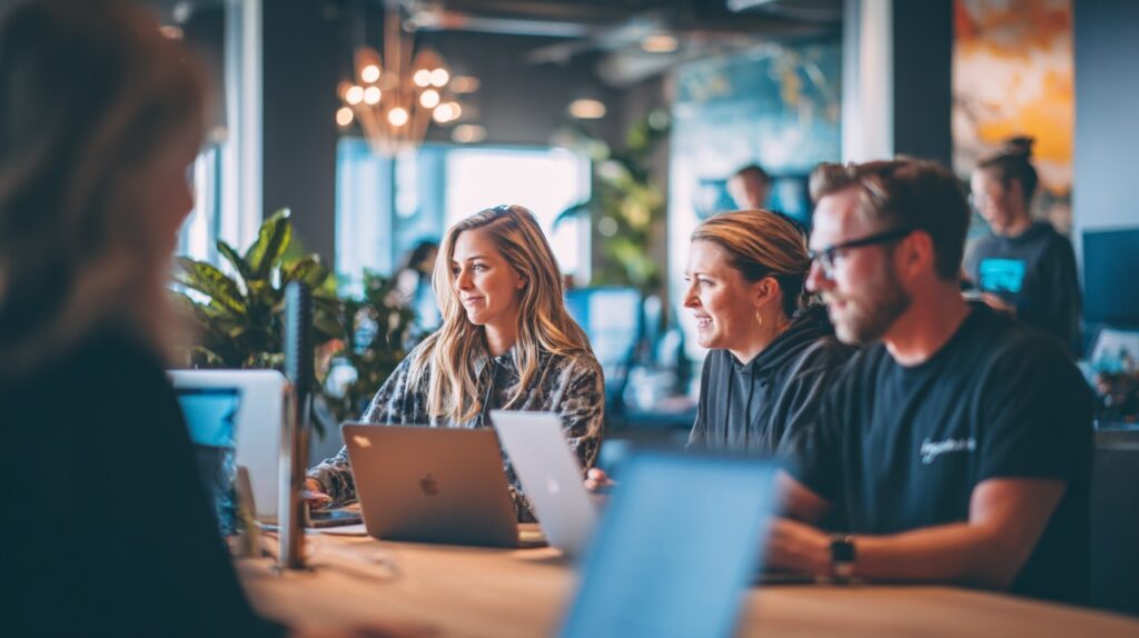 Modern office recruitment team collaborating with laptops in a stylish workspace.