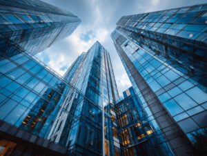 Low-angle view of tall skyscrapers with reflective blue glass windows in a modern business district, against a partly cloudy sky.