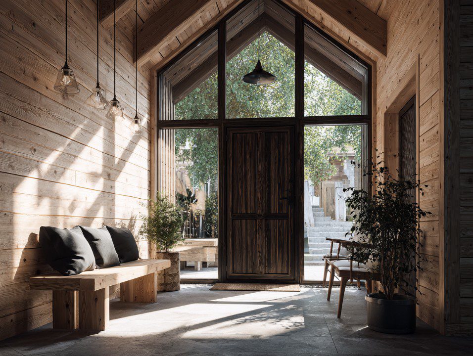 Modern wooden entrance interior with glass door, wooden bench, potted plants, and sunlight streaming in, creating a minimalist and welcoming atmosphere.